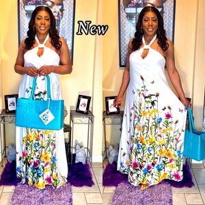 Floral Halter Maxi Dress - White with Multicolor Print